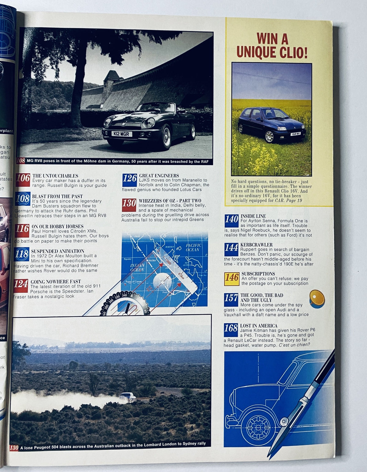 CAR Magazine September 1993 showcasing a feature about the MG RV8 positioned in front of the Möhne dam, alongside a promotional section with images like a scenic view and the Clio. This issue discusses automotive history and present innovations.