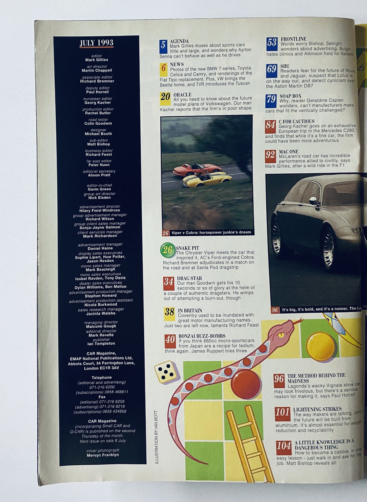 Table of Contents from CAR Magazine July 1993, highlighting key articles like Viper vs Cobra and sports car features, with vibrant imagery and detailed section listings.