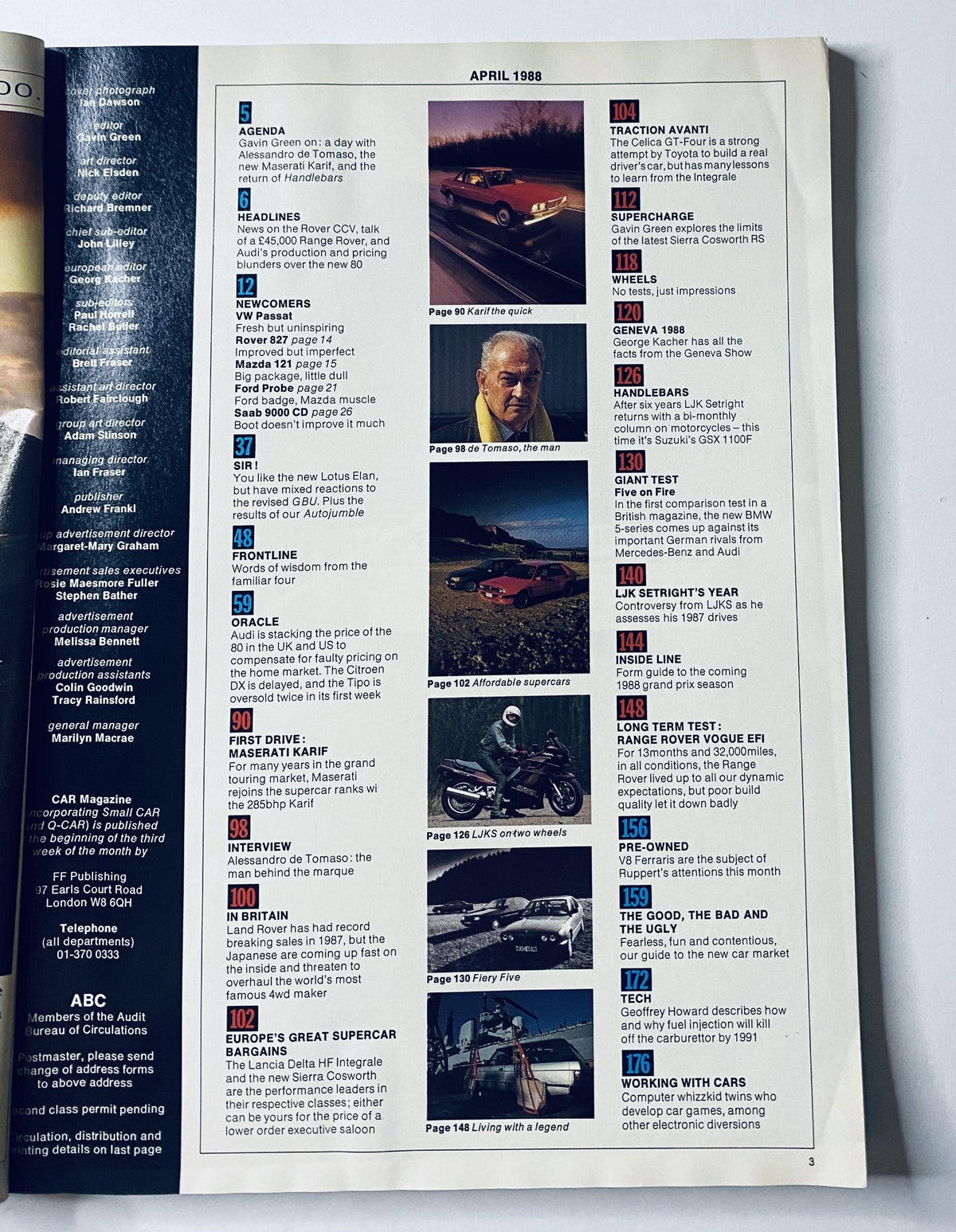 Table of contents from CAR Magazine April 1988, highlighting features like the Maserati Karif first drive and automotive industry news.
