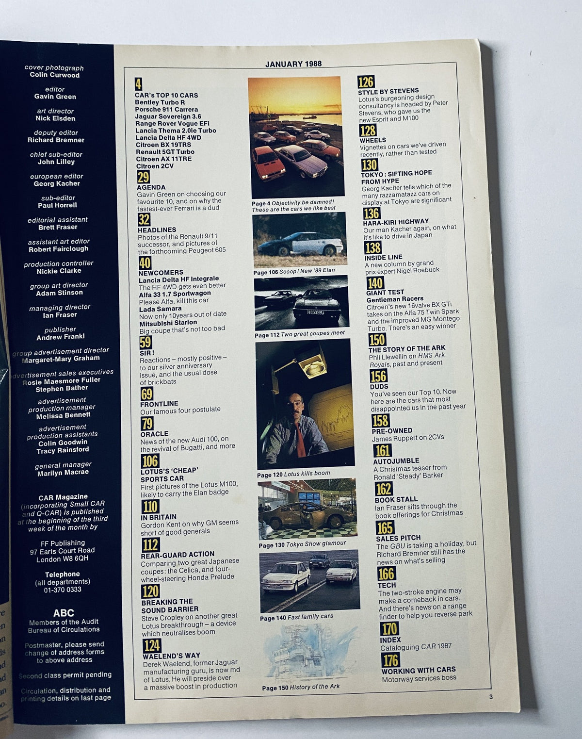 Table of contents page from CAR Magazine January 1988, highlighting the features including 'Top Ten Cars' and exclusive first photos of the '89 Lotus Elan.
