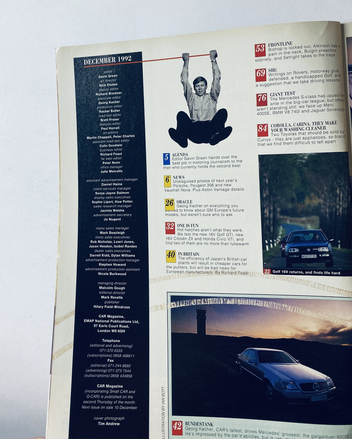 Inside spread of CAR Magazine December 1992 showcasing the Table of Contents, featuring major articles including VW Golf GTI 16V test.