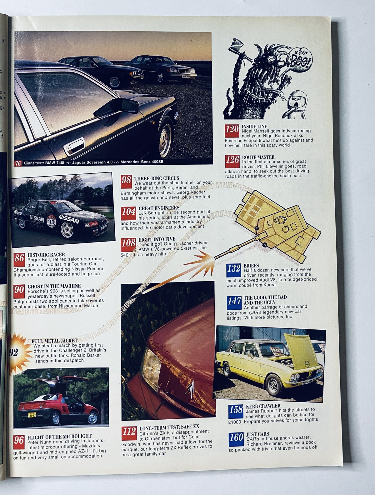 Detailed inner page from CAR Magazine December 1992 highlighting various articles on automotive reviews and features.