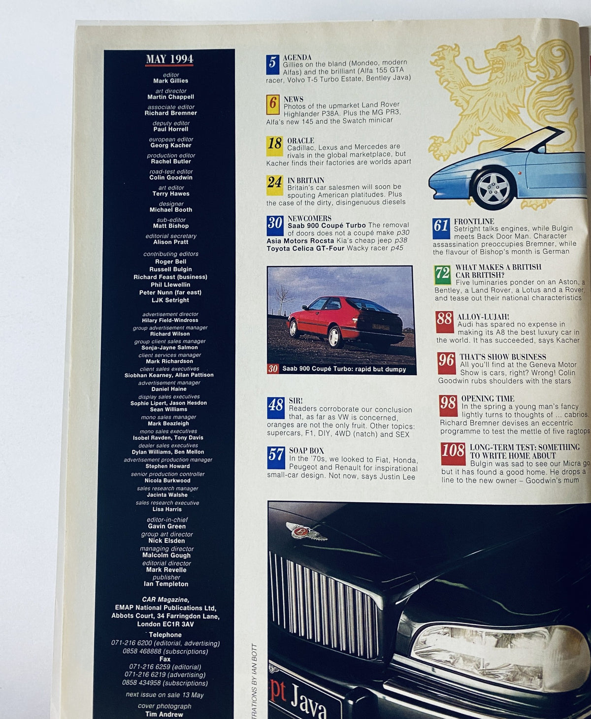 Interior page of CAR Magazine May 1994 displaying the table of contents with details about articles on cars including brands like Alfa and Land Rover, featuring the magazine's layout and design.