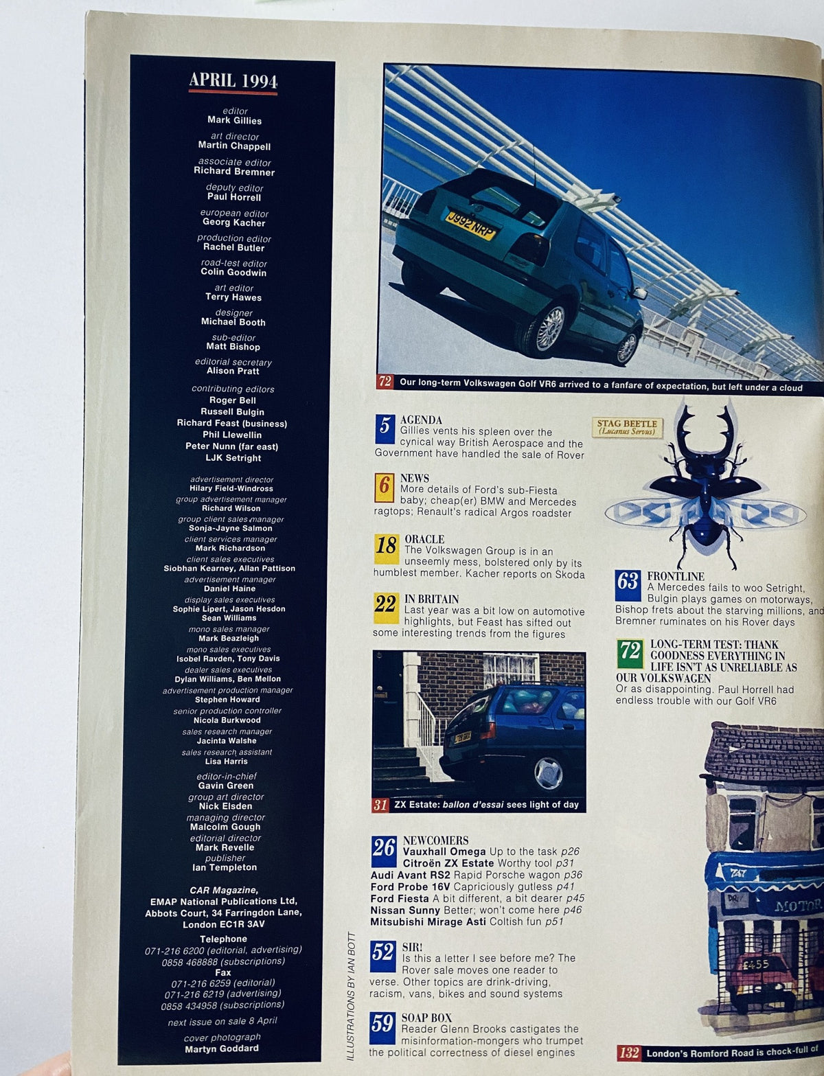 Inside page of CAR Magazine April 1994 displaying the table of contents with details about VW Golf VR6 long-term test, Aston Martin Vantage, and Ferrari 456GT.