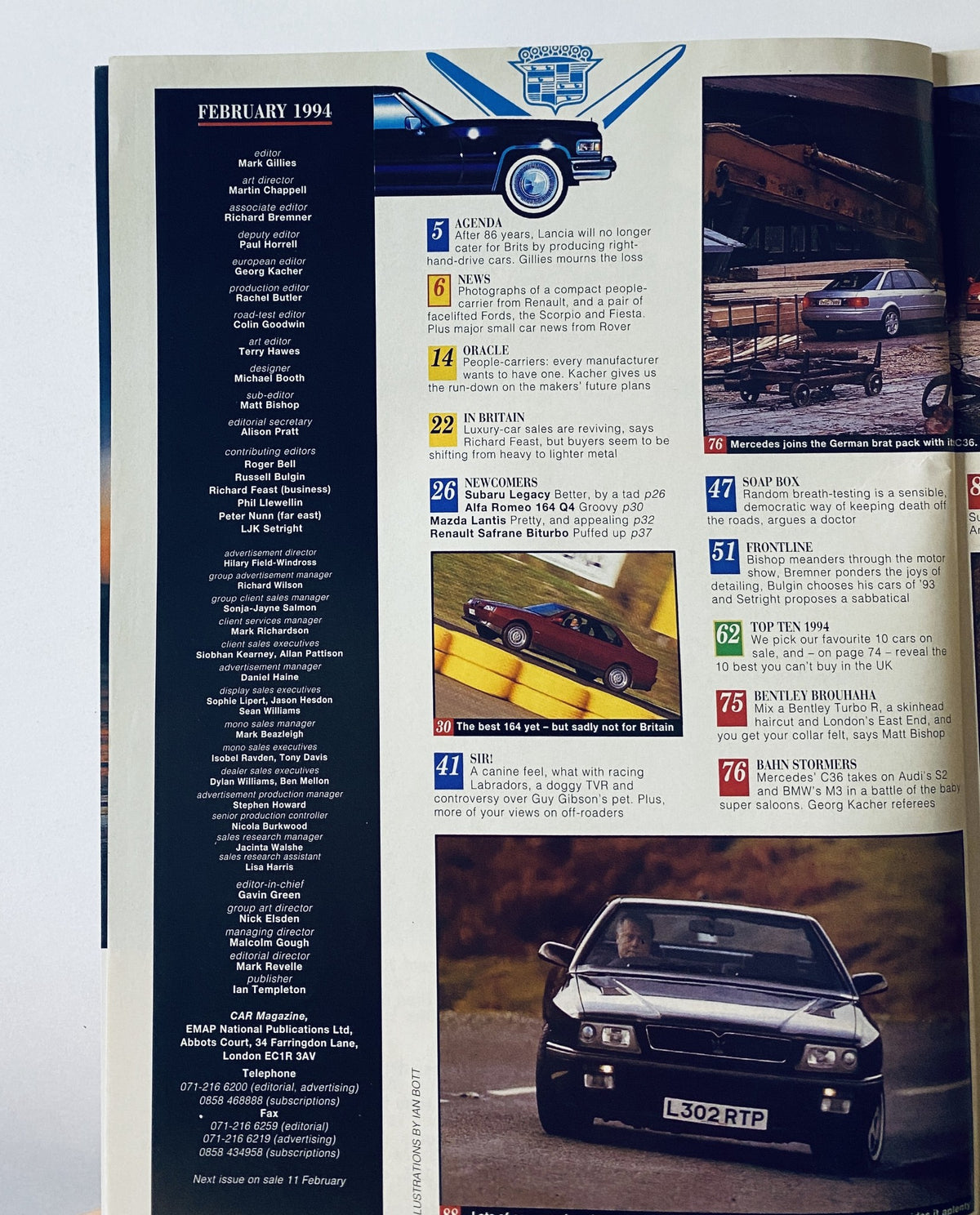 Table of Contents from Car Magazine February 1994. Lists features including an agenda on Lancia, news on Renault, and a detailed section about the Maserati Ghibli first drive. Covers various automotive topics of the month.