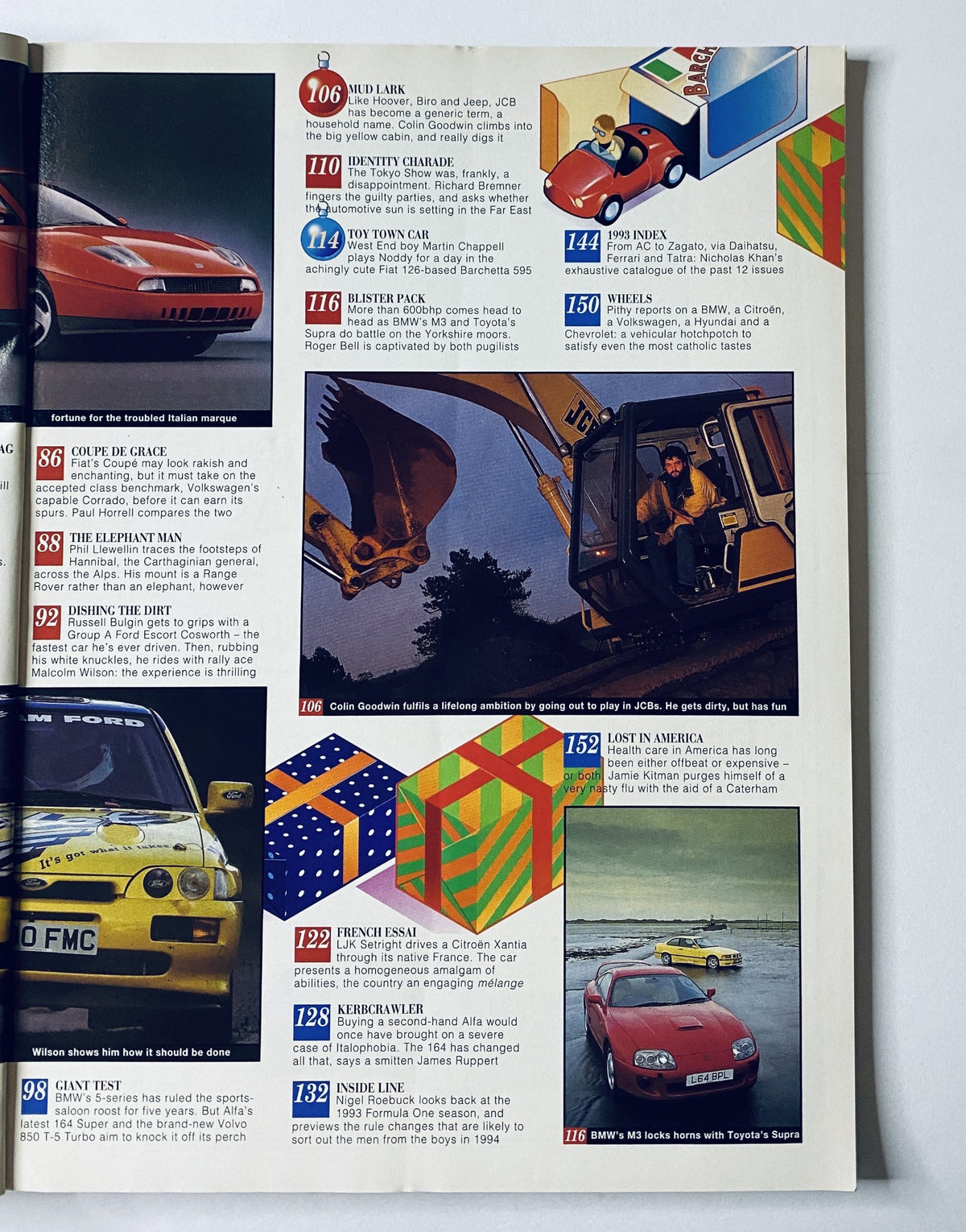 Another interior page of Car Magazine January 1994, showcasing various automotive articles and features such as the JCB excavator and classic cars.