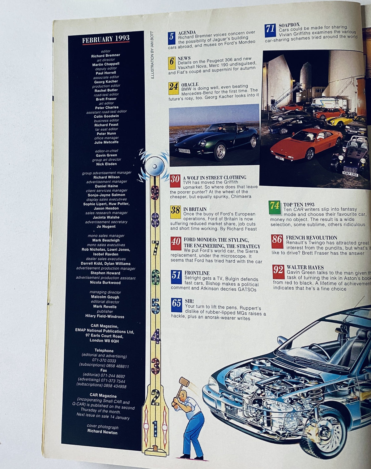 Table of contents for Car Magazine February 1993, including features on TVR Chimaera, Ford Mondeo, and Renault Twingo, with colorful illustrations and item listings.