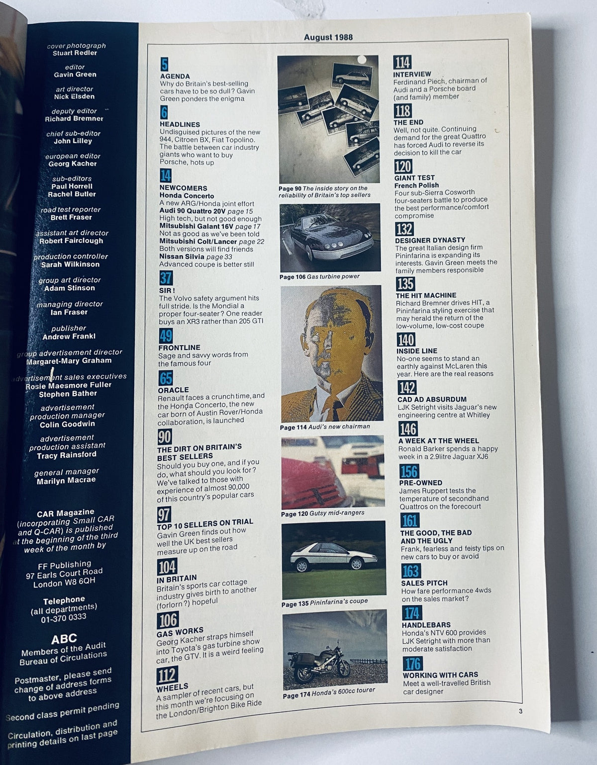 Interior page of Car Magazine August 1988 displaying the Table of Contents, including articles about new car models and industry insights.
