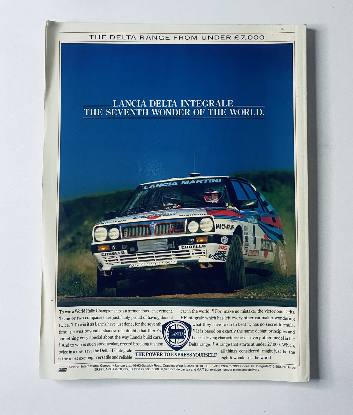 Advertisement page from Car Magazine August 1988 featuring the Lancia Delta Integrale, promoting it as 'The Seventh Wonder of the World'.