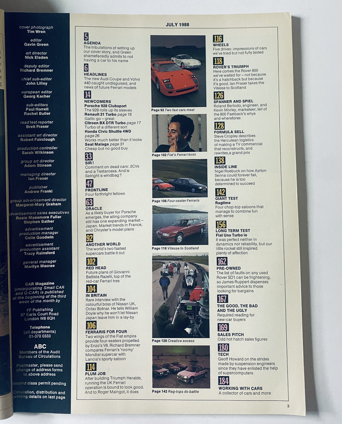 Car Magazine July 1988 featuring the Table of Contents with highlights including tests of the Ferrari F40, Porsche 959, and various automotive news segments.