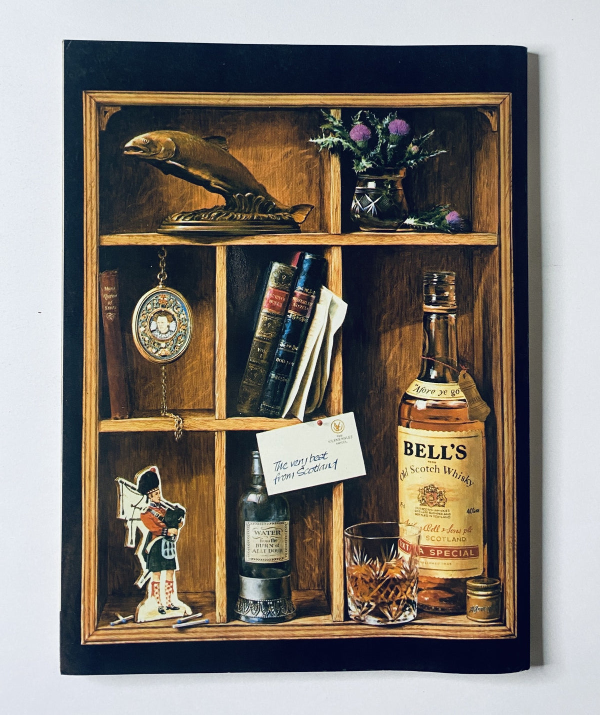 Original Car Magazine July 1988 cover showcasing a detailed vintage shelf scene with items like a clock, books, and Bell's Scotch whisky, emphasizing its collectible nature.
