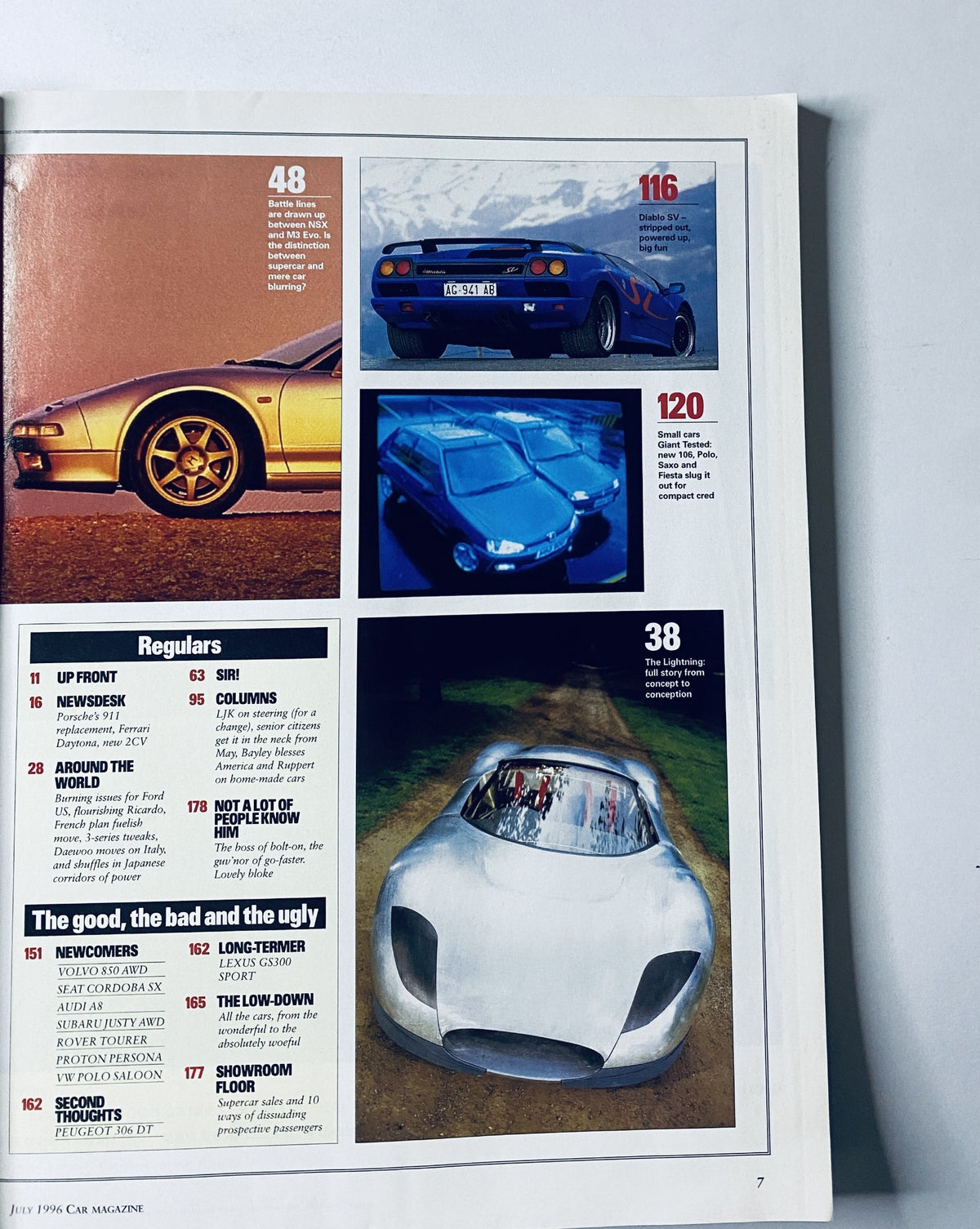 Another inside page from Car Magazine July 1996 highlighting articles on the Ferrari 456GT, the world domination of Fiat, and a visual comparison of supercars like Lamborghini Diablo.
