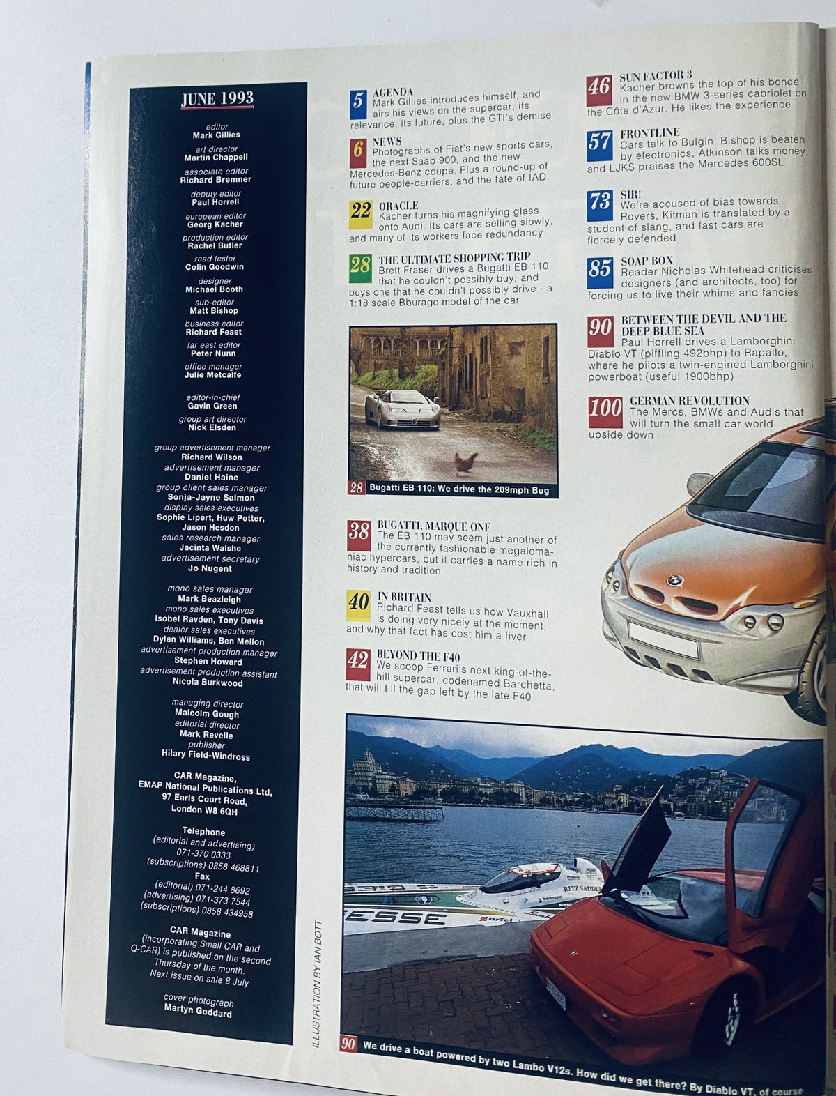 Table of contents from Car Magazine, June 1993, highlighting features including driving the 209mph Bugatti and Ferrari's F40 replacement.