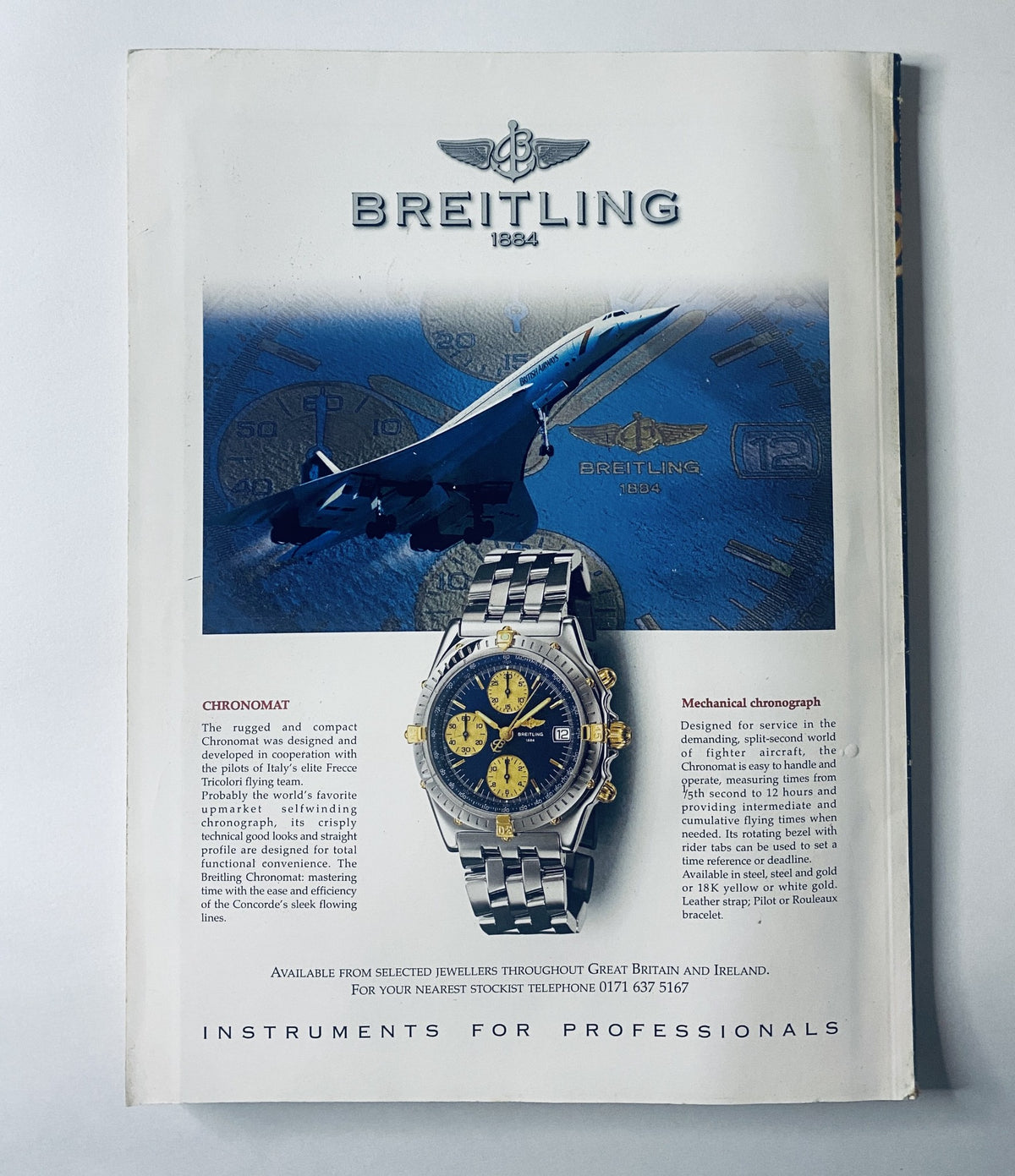 Car Magazine April 1997 Speed Issue includes a Breitling advertisement showcasing a luxury watch, highlighting its chronomat features.