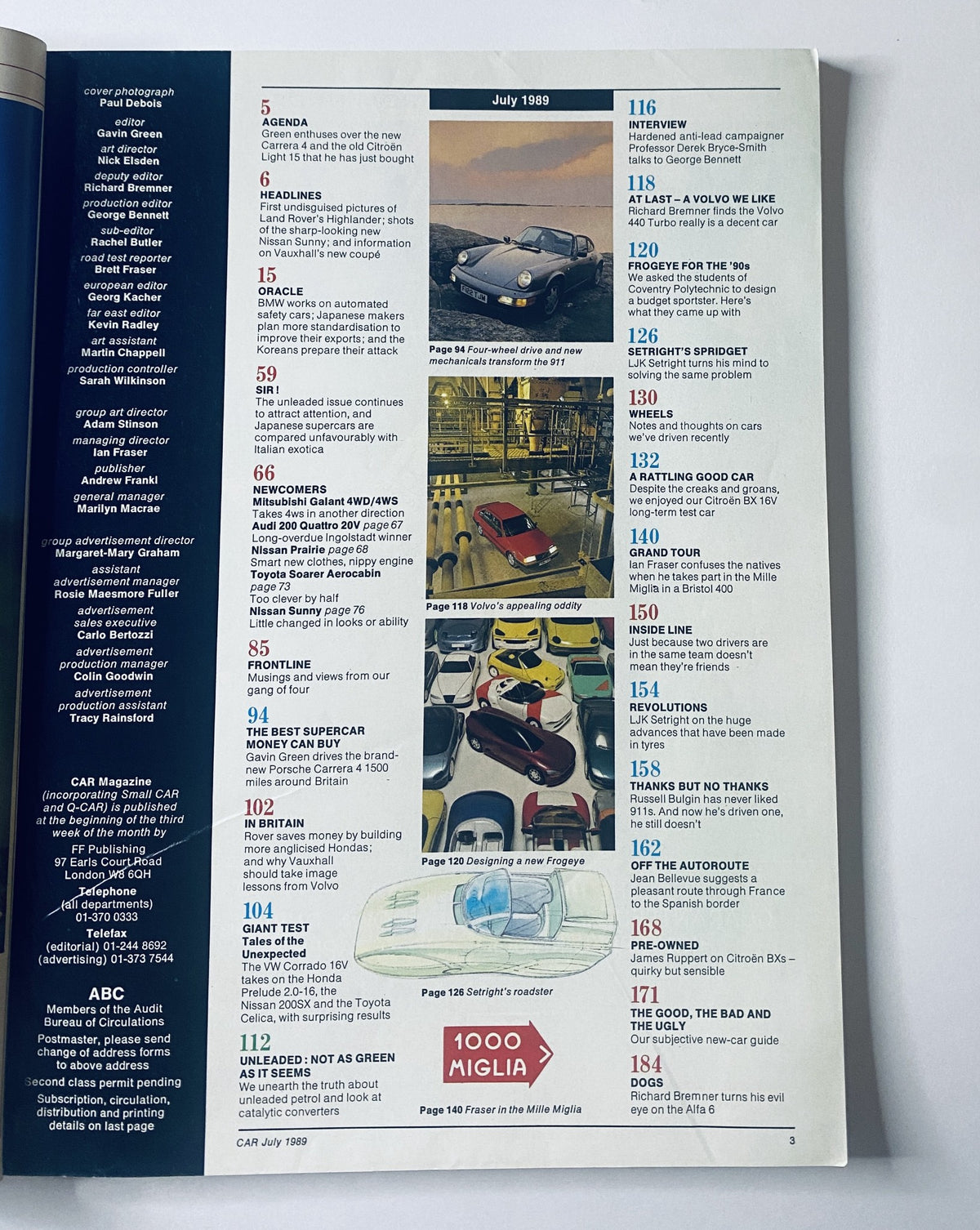 Table of contents from Car Magazine July 1989 displaying various automotive articles and features including 'Unleaded: Not as Green as it Seems', alongside detailed topics and page numbers relevant for readers.