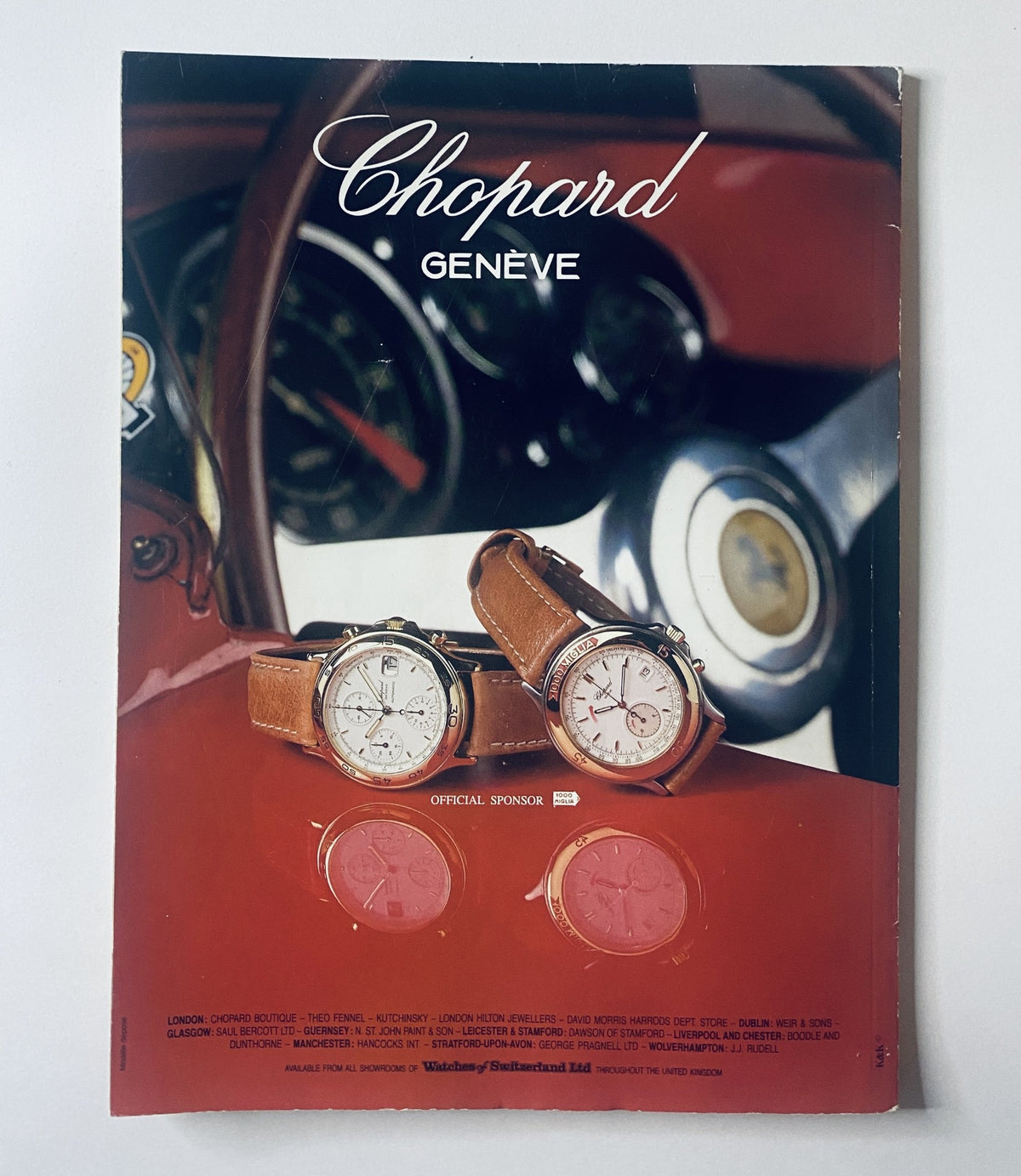Chopard Genevève advertisement from Car Magazine December 1991 showcasing luxury timepieces with brown leather straps in an automotive-themed setting.