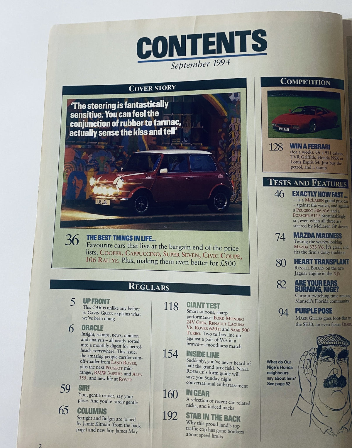Table of Contents from Car Magazine September 1994, detailing featured articles including 'Cheap Champs' and highlighting cars like the Mini Cooper and Suzuki Cappuccino.
