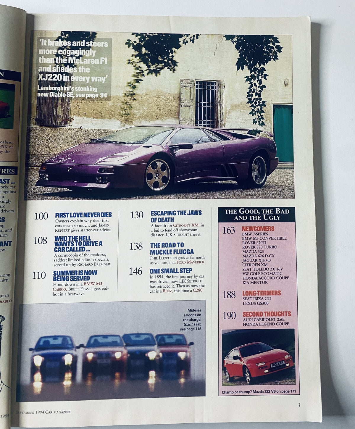 Page layout from Car Magazine September 1994 showcasing highlights such as 'First Love Never Dies' and 'The Road to Muckle Flugga' with images of the Lamborghini Diablo and various classic cars.