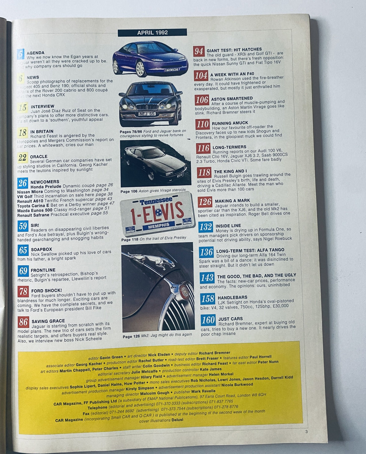 Table of Contents from Car Magazine April 1992 detailing features including the Ford Escort and Jaguar XJ6.