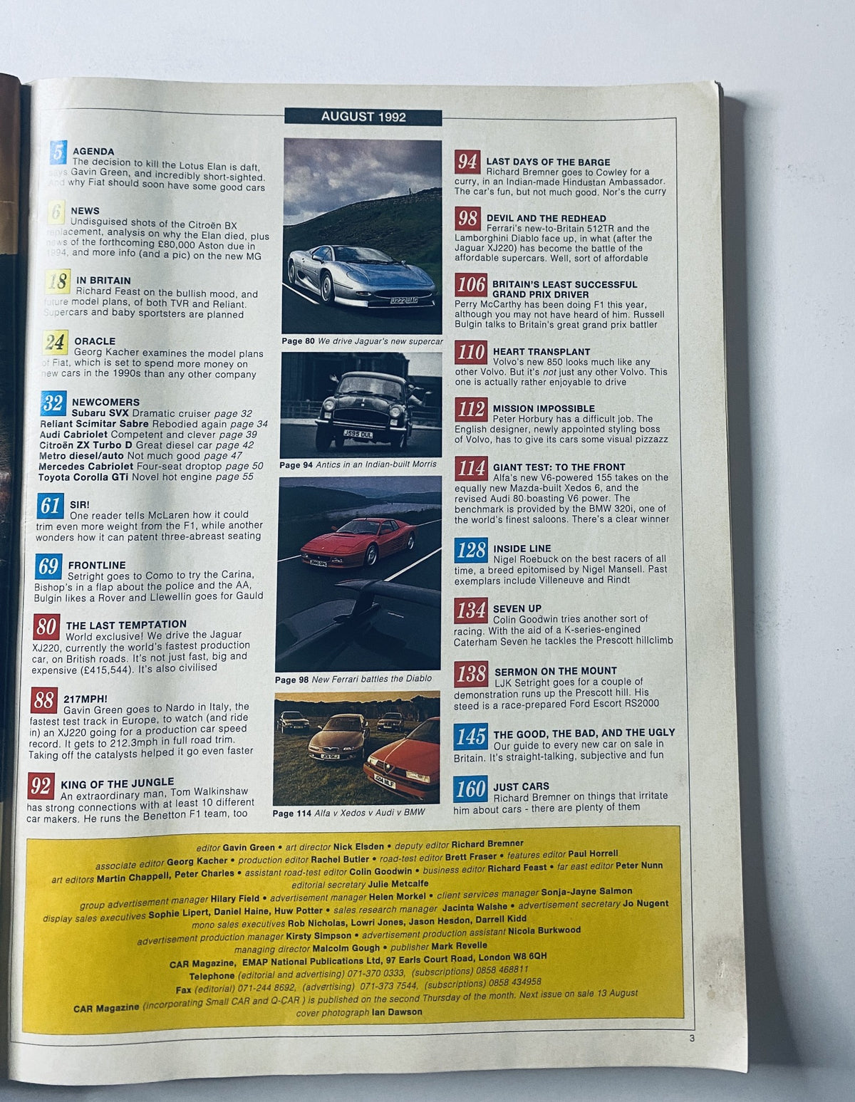Inside page of Car Magazine August 1992 displaying the Table of Contents, highlighting features such as the Jaguar XJ220 review, Ferrari 512TR vs Lamborghini Diablo face-off, and other automotive articles.