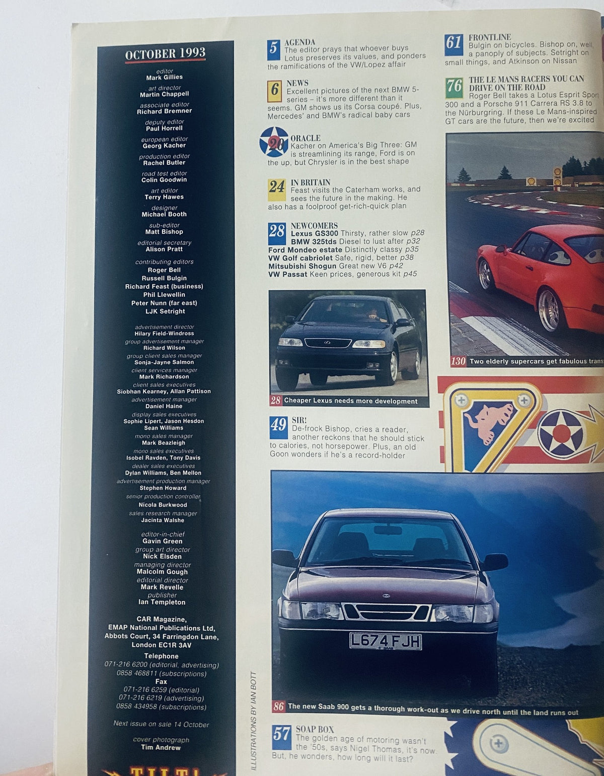 Table of Contents for Car Magazine October 1993 featuring articles on the Lotus Sport 300, Porsche 911 Carrera RS 3.8, and automotive news.