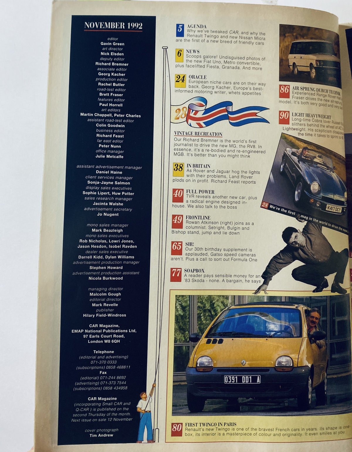 November 1992 Car Magazine Table of Contents featuring agenda, news, vintage recreation of MG RV8, and various articles on new cars and automotive topics.