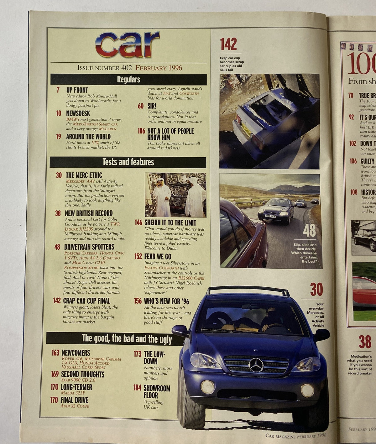Car Magazine February 1996 issue number 402 featuring the table of contents, regulars like 'Sir!', and sections on tests and features including 'The Merc Ethic' and 'New British Record'.