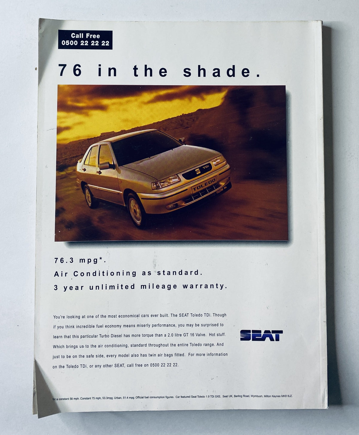 Car Magazine February 1996 advertisement for the SEAT Toledo showcasing performance details, emphasizing air conditioning, and a 3-year warranty with the tagline '76.3 mpg'.