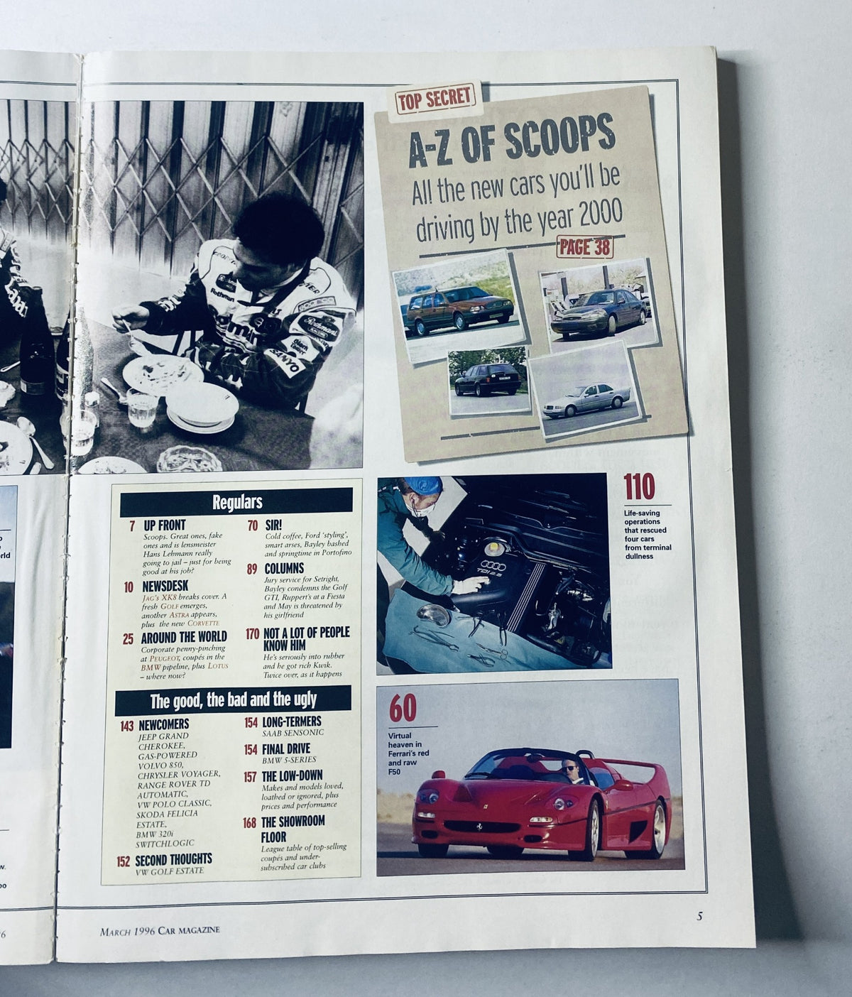 Car Magazine March 1996 featuring a layout with A-Z of Scoops highlighting new cars you'll be driving by the year 2000, along with a section on Regulars including tests, columns, and reviews, as well as a feature on the Ferrari F50.