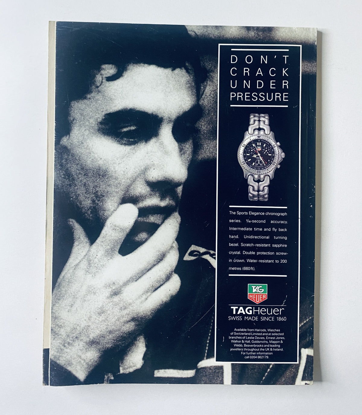 Car Magazine April 1993 cover advertisement for TAG Heuer, featuring a striking black and white image of a male sports figure with the tagline 'Don't Crack Under Pressure'.
