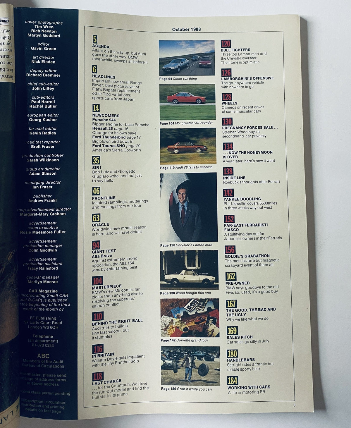 Table of Contents for Car Magazine, October 1988. Includes features such as 'Agenda', 'Headlines', 'Newcomers', and the 'Giant Test' of Alfa 164, BMW M5, and Audi V8.