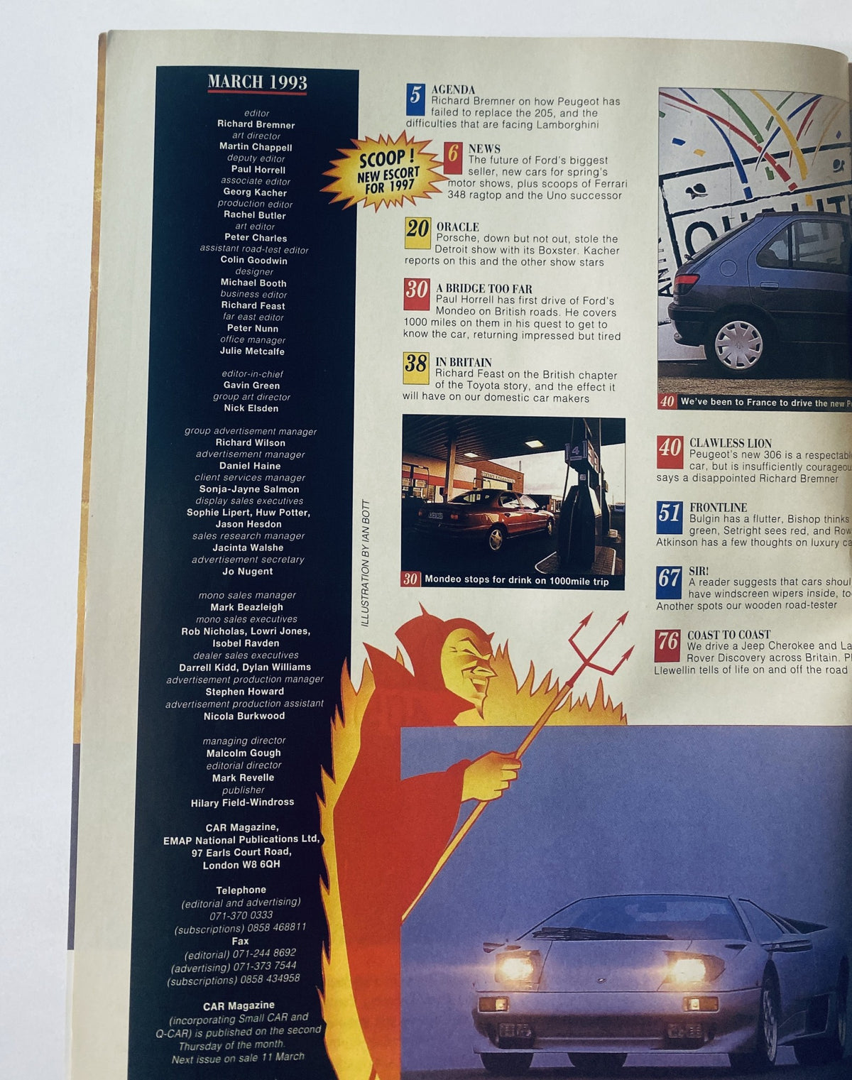 Table of contents from Car Magazine March 1993, detailing articles on Ford Mondeo, Peugeot 306, and various automotive topics including Lamborghini and Toyota.