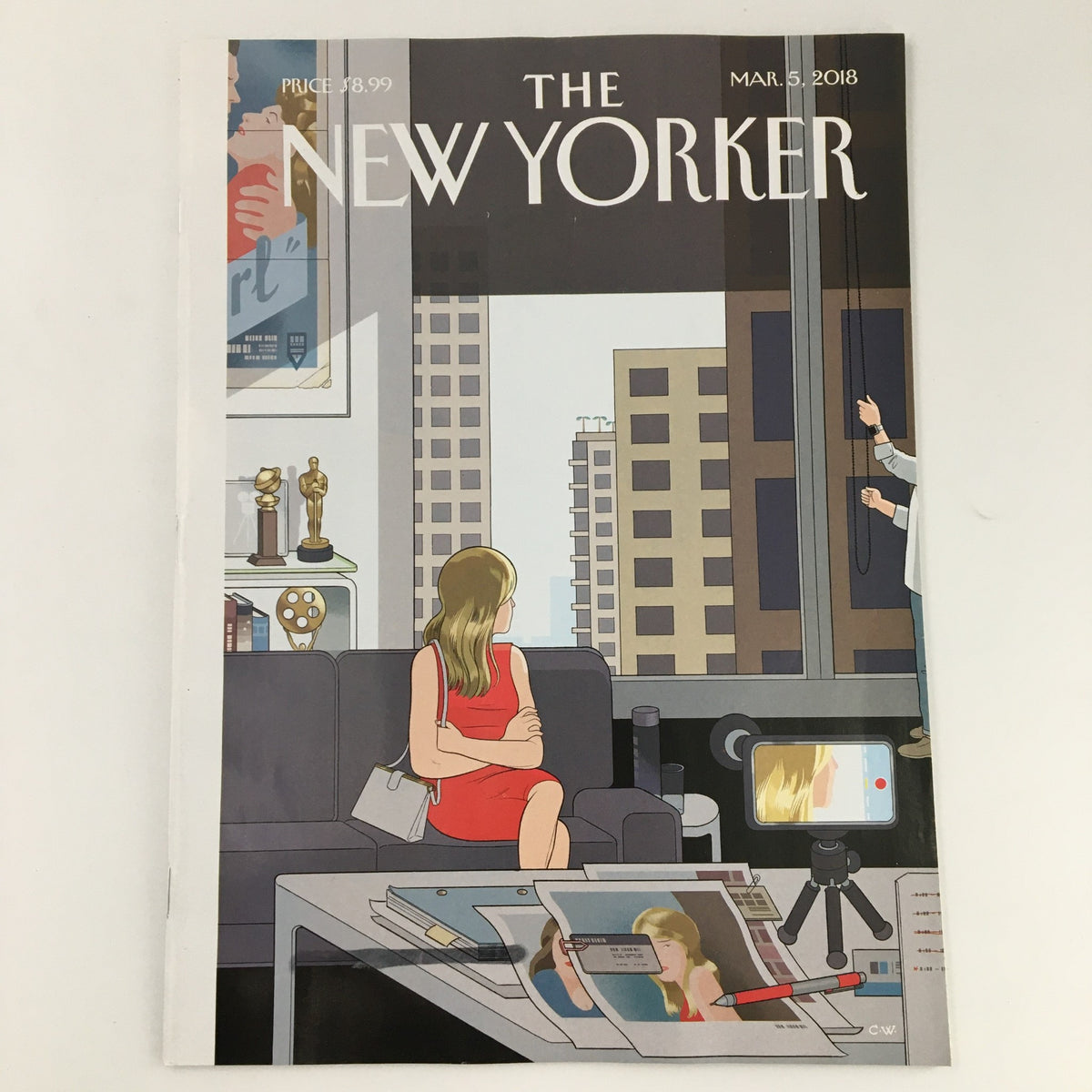 The New Yorker March 5 2018 magazine cover featuring an illustration by Chris Ware, showcasing a modern interior scene with a woman seated and reflections of technology.
