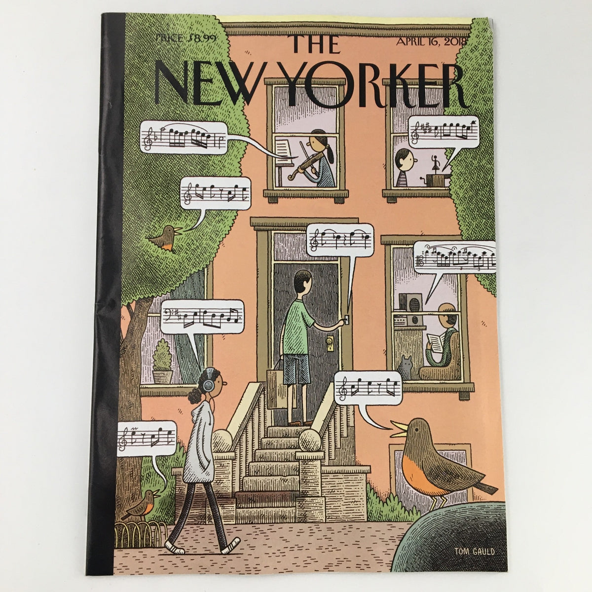 The New Yorker April 16 2018 Full Magazine Cover featuring artwork by Tom Gauld, showcasing a whimsical scene with musical notes and various characters.