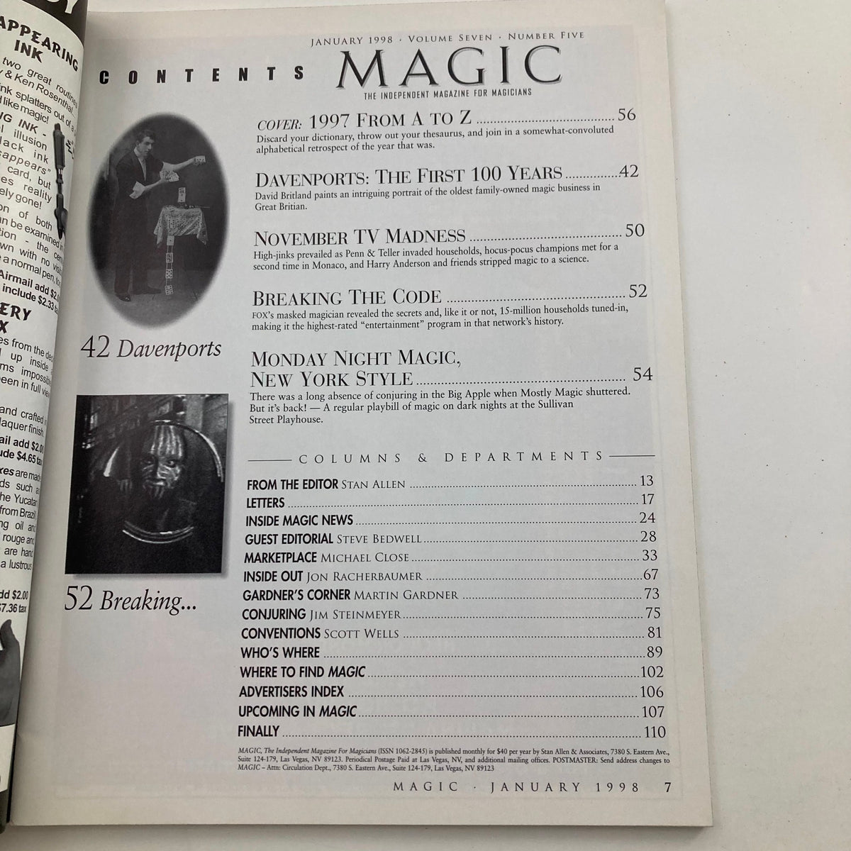 Contents page of VTG Magic Magazine for Magicians January 1998, detailing articles and features in the issue.