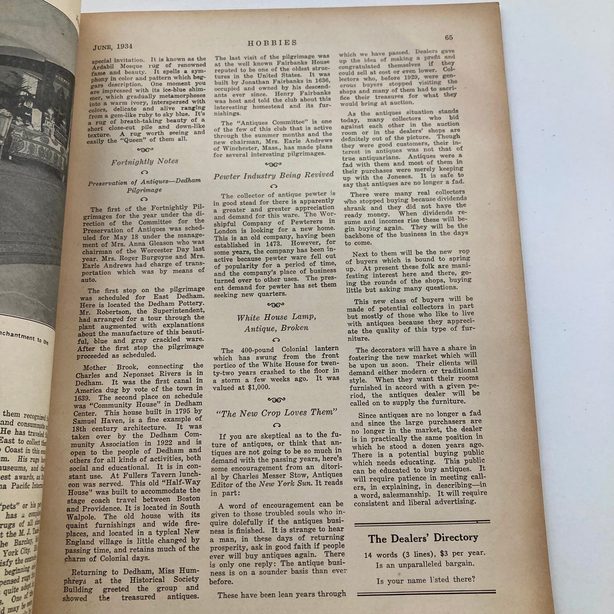 Interior view of a vintage Hobbies Magazine for Collectors from June 1934, featuring articles on antiques and collectibles, titled 'Those Strange Insects'.