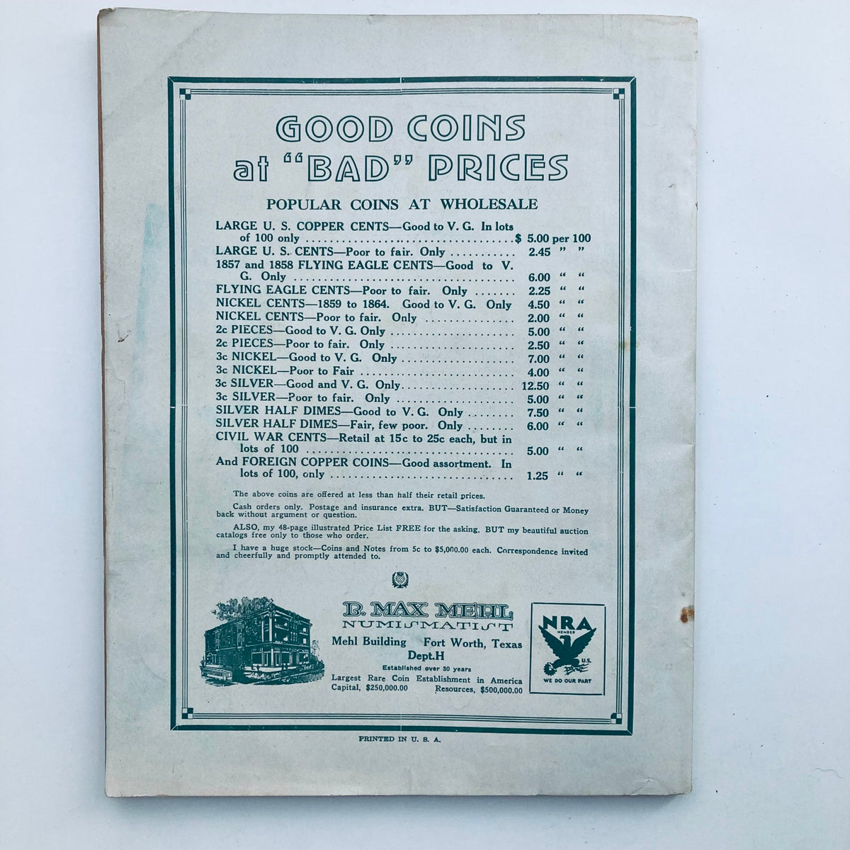 Back cover of a vintage Hobbies Magazine for Collectors from June 1934, showcasing advertisements for coins, titled 'Those Strange Insects'.