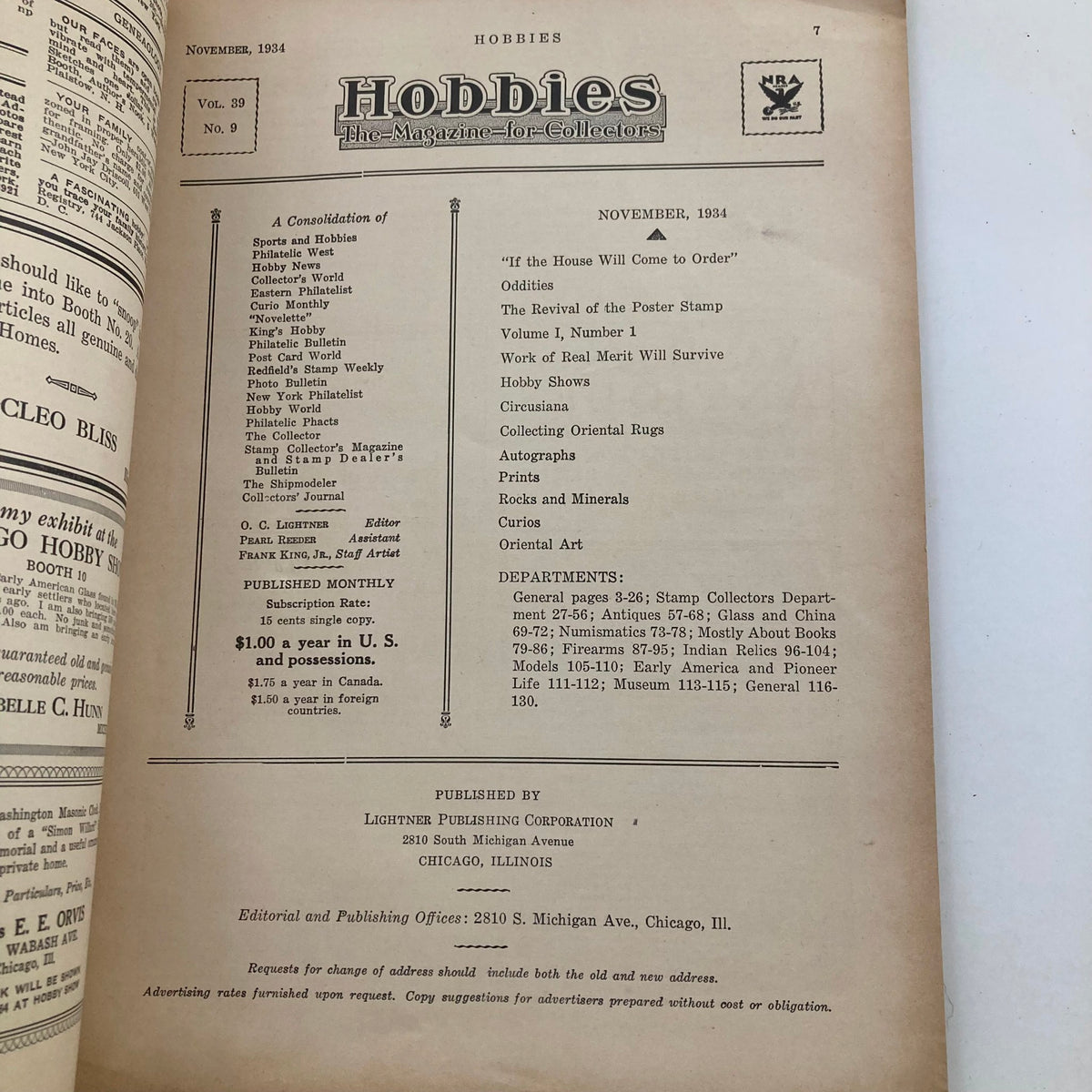 Vintage Hobbies Magazine for Collectors, November 1934, featuring contents on Rocks and Minerals, including a Table of Contents and publication details.