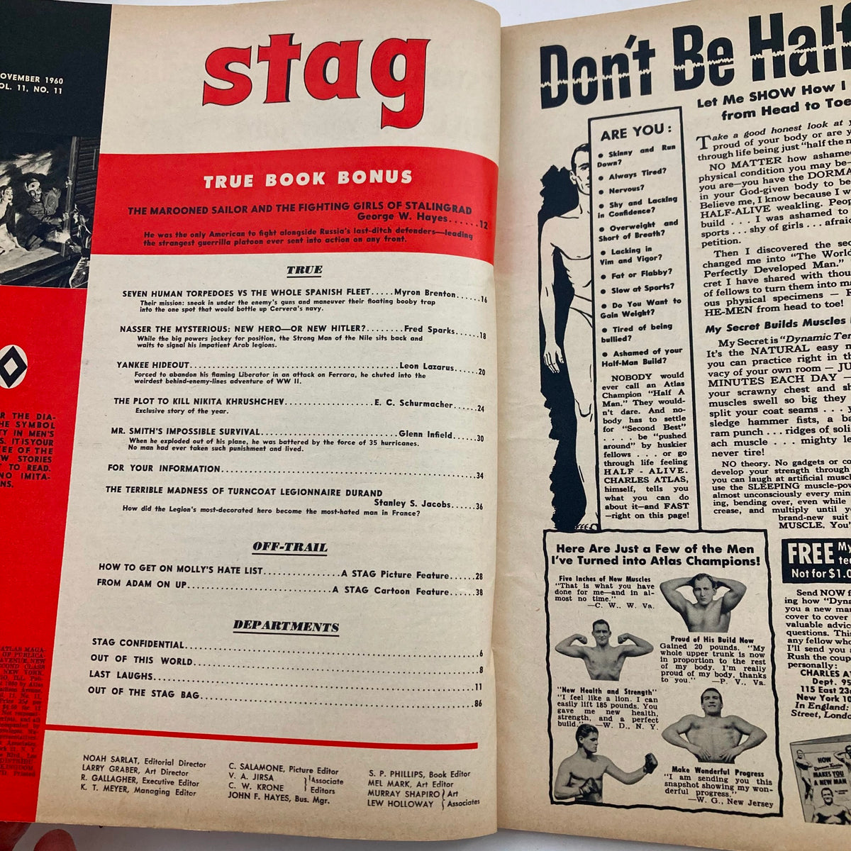 Interior page of VTG Stag Magazine November 1960 Vol 11 No. 11 displaying the index and various featured articles including 'The Plot to Kill Nikita Khrushchev'.