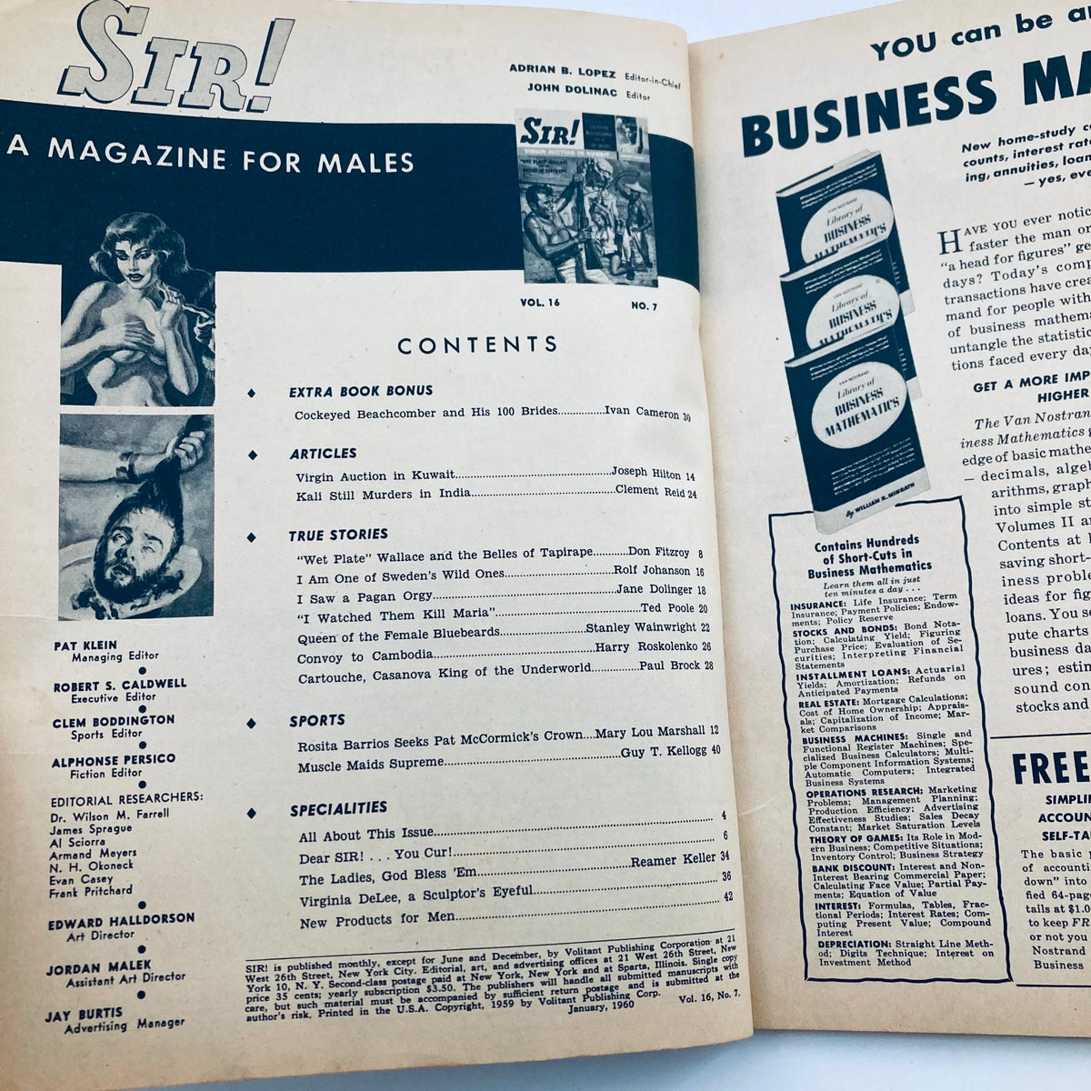 Inside pages of VTG Sir! Magazine for Males January 1960 featuring contents list, articles, and true stories with a vintage design aesthetic.
