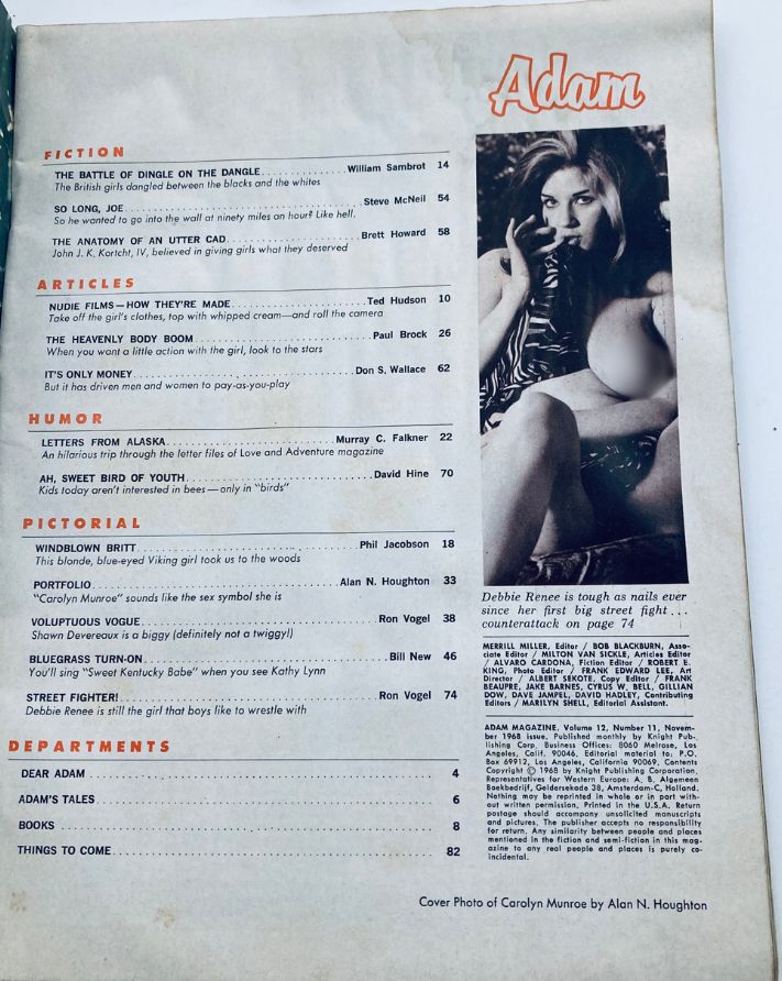 Table of contents from VTG Adam Magazine November 1968, Volume 12 No. 11 showcasing featured articles and pictorials, including a cover photo of Debbie Renee.
