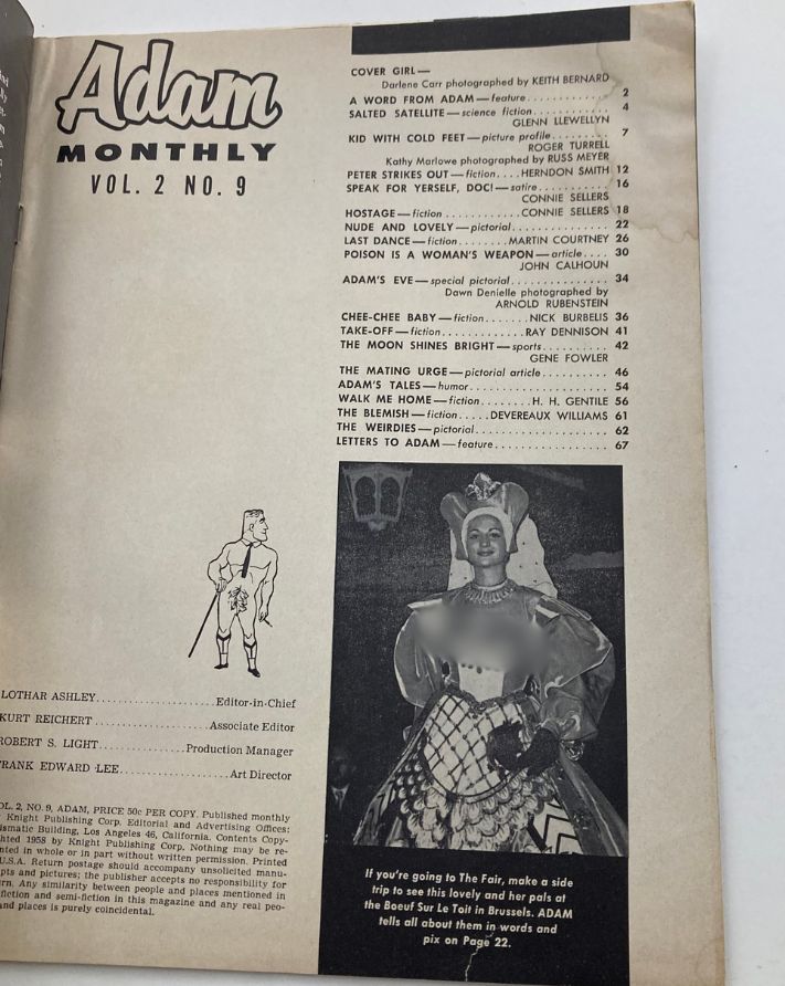 Interior page of VTG Adam Magazine September 1958 showcasing the table of contents with feature titles and images including the cover girl Darlene Carr. Vintage magazine style from the 1950s.