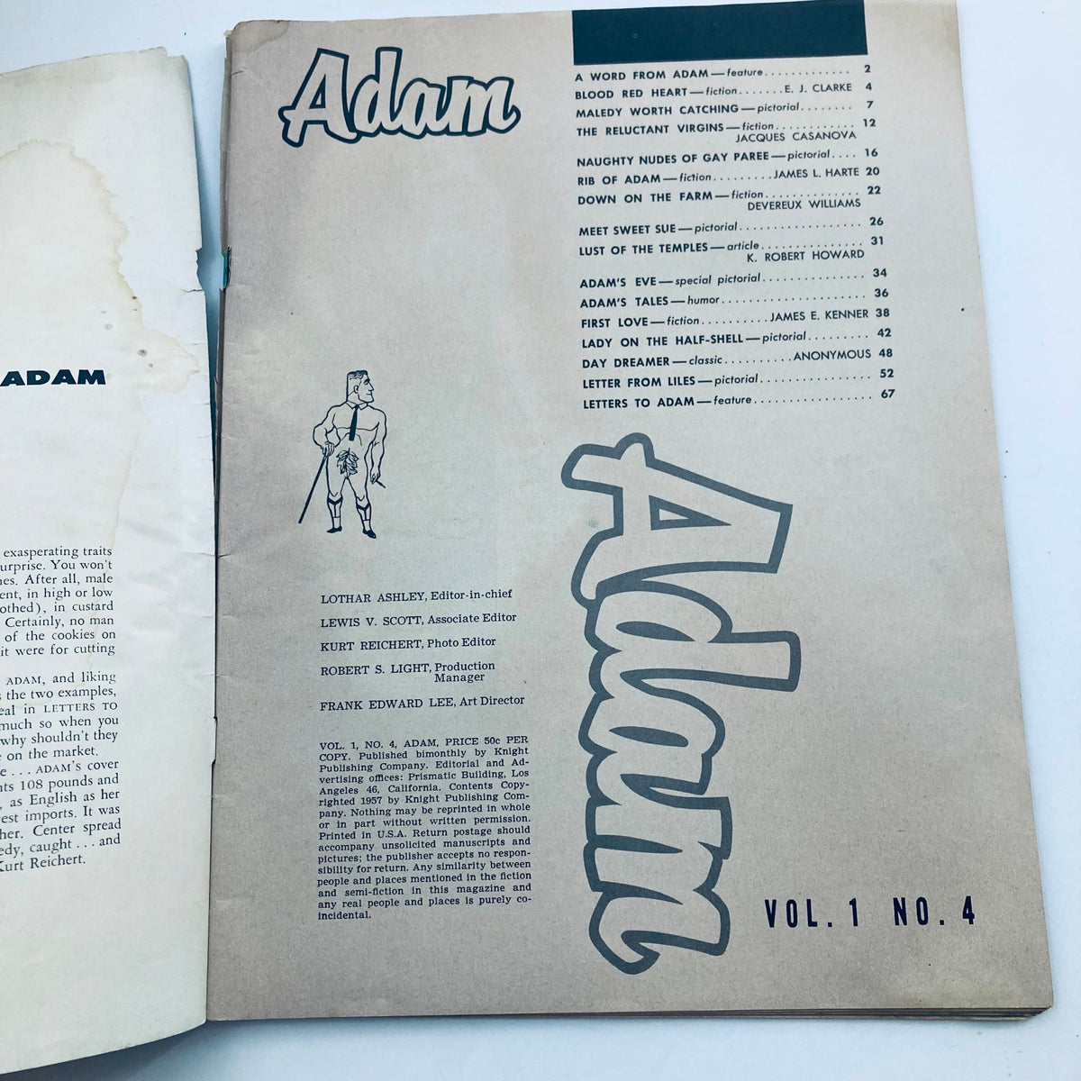 Inside cover page of VTG Adam Magazine February 1957 Vol 1 No. 4 featuring a table of contents and the magazine's title.