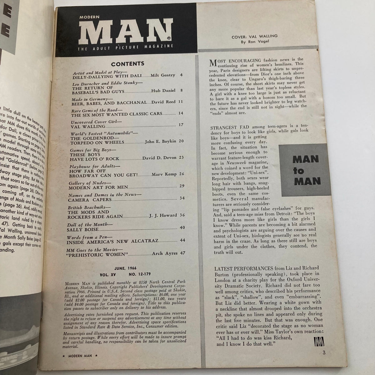 Interior page of VTG Modern Man Magazine June 1966 featuring the table of contents, highlighting various articles and topics, including 'Dilly-Dallying with Dali' and 'Modern Art for Men'.