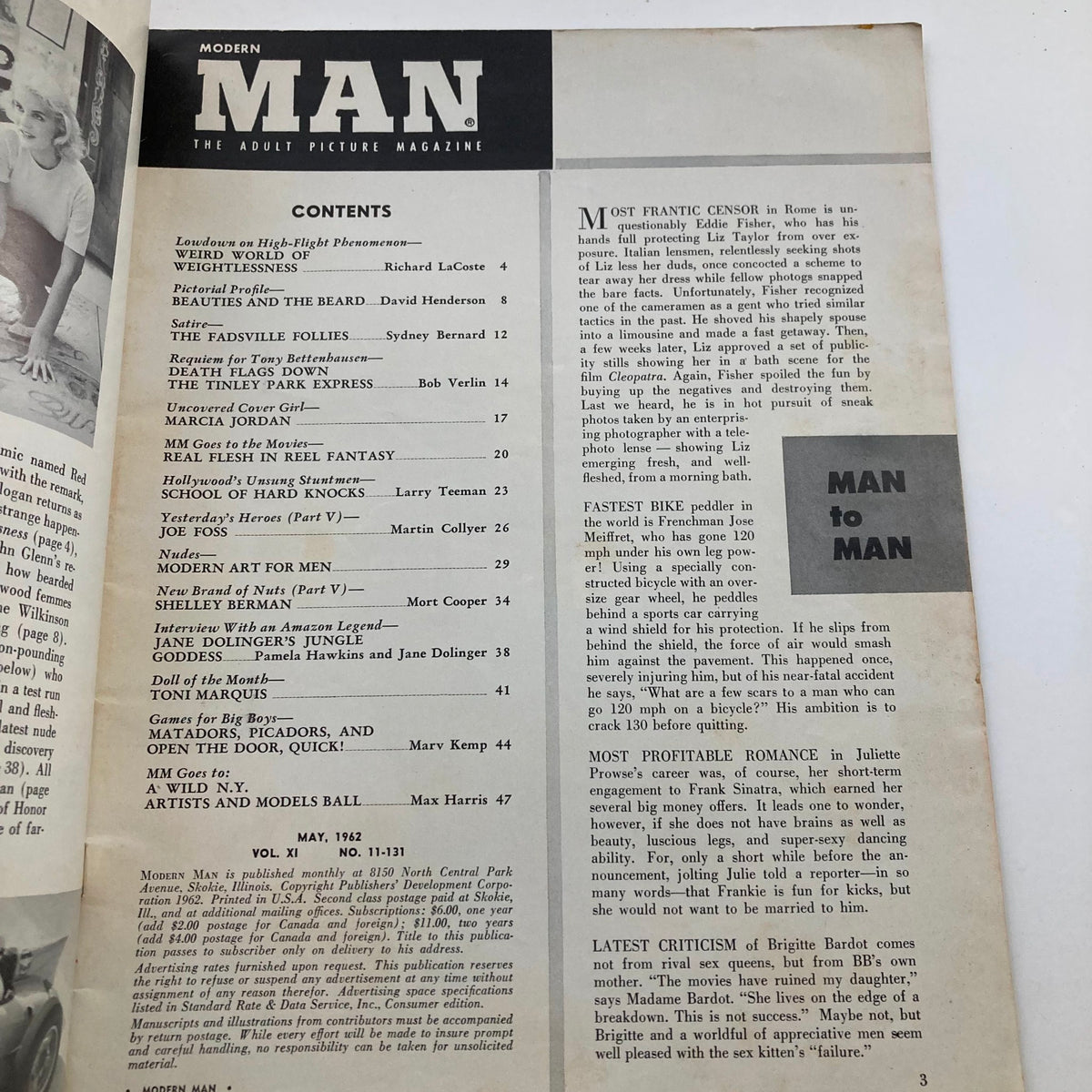 Interior page of VTG Modern Man Magazine May 1962, displaying the table of contents, highlighting key features and articles including Marcia Jordan, underlining its vintage appeal.