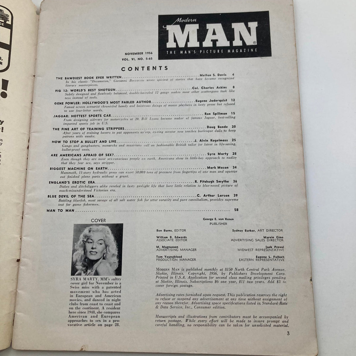 Contents page from the VTG Modern Man Magazine November 1956 highlighting feature articles including those by Syra Marty.