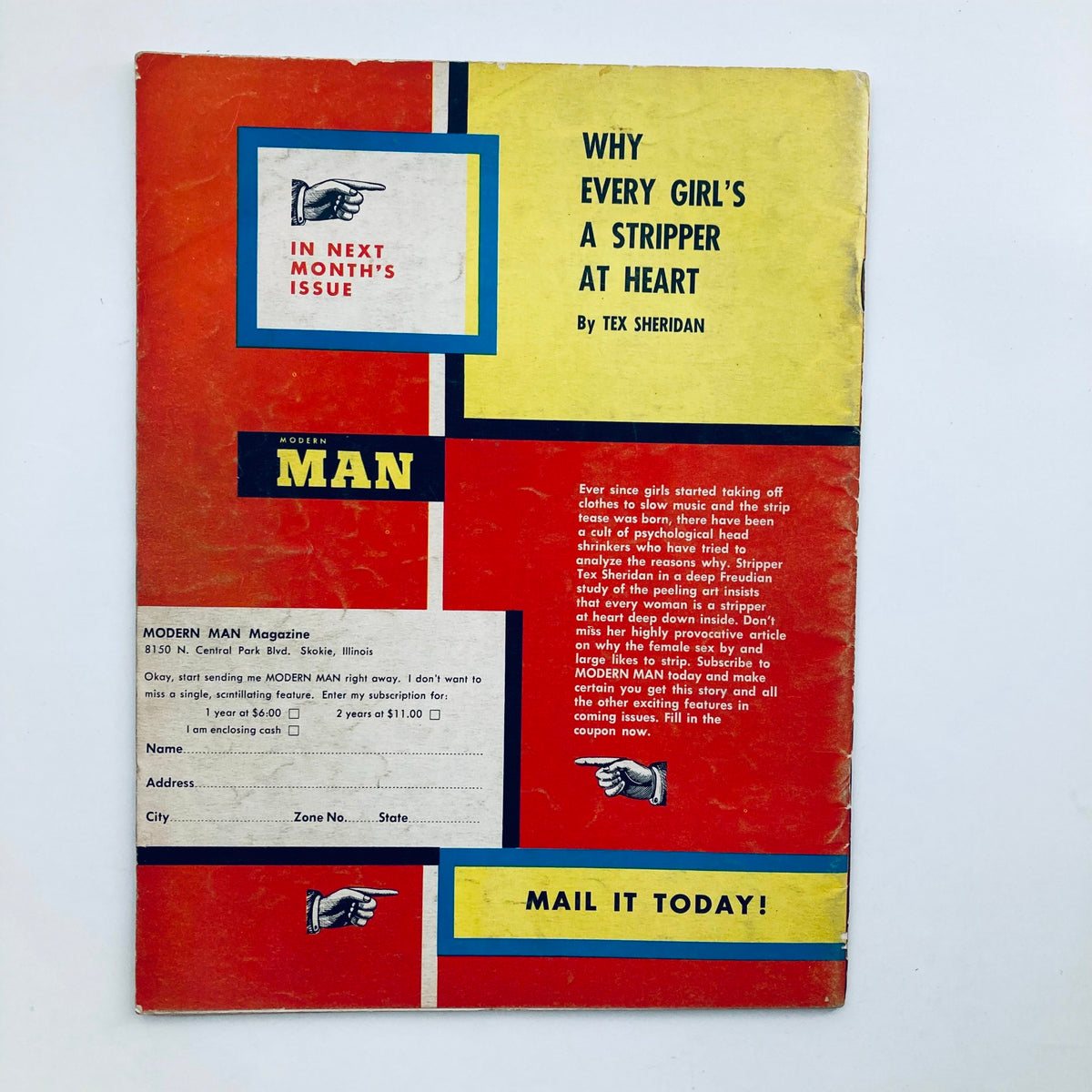 Back cover of the VTG Modern Man Magazine November 1956 with promotional content and subscription information.