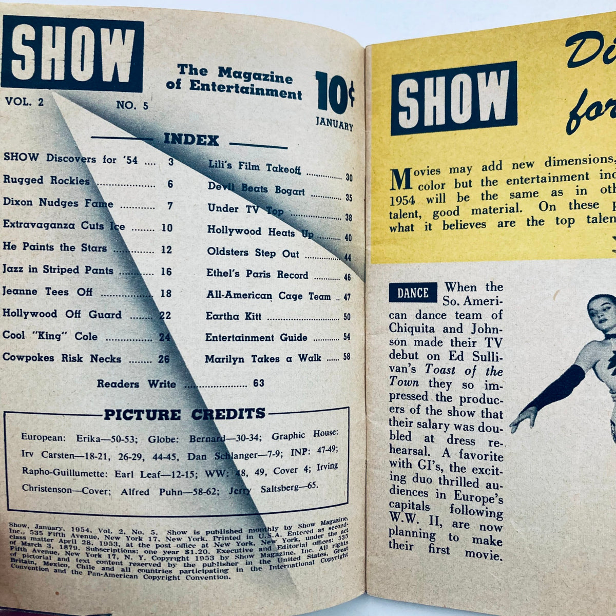 Inside page of VTG Show Magazine January 1954 Vol 2 No. 5 showcasing the index of contents including articles on entertainment highlights, featuring the text 'SHOW Discoveries for '54'.