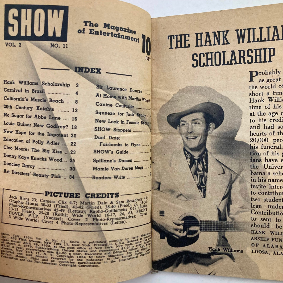 Inside page of the July 1954 Show Magazine, Volume 2, Number 11, displaying the table of contents with notable mentions including Hank Williams Scholarship and other entertainment articles, highlighting the magazine's cultural relevance.