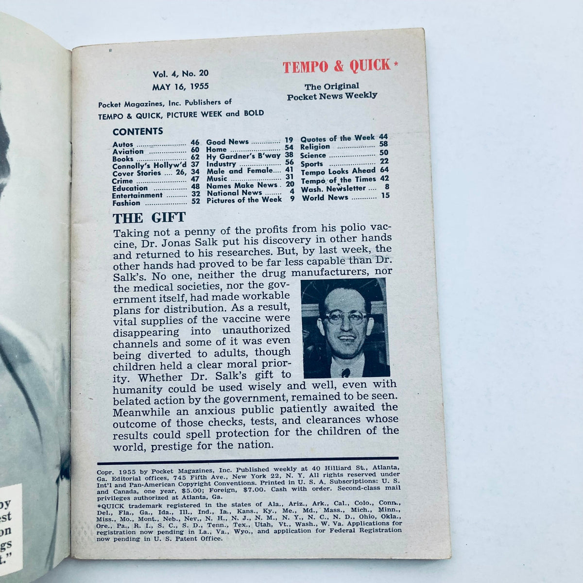 Inside page of VTG Tempo & Quick Magazine from May 16, 1955, Volume 4, Number 20, displaying the table of contents and an article on Dr. Jonas Salk, detailing significant historical events of the era.